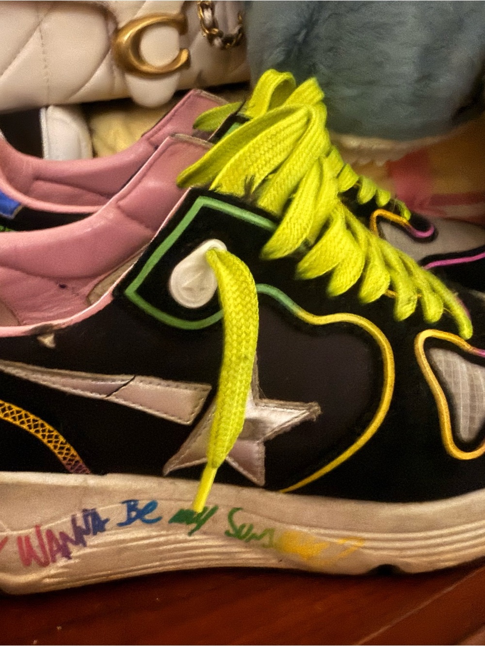 Golden Goose Black Sneakers with Neon Yellow Laces and Pink Interior